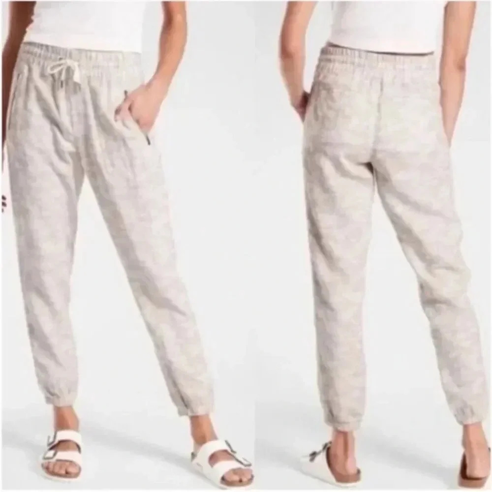 Athleta Cabo Tide‎ Linen Jogger Tan Khaki Camo Print Size 4